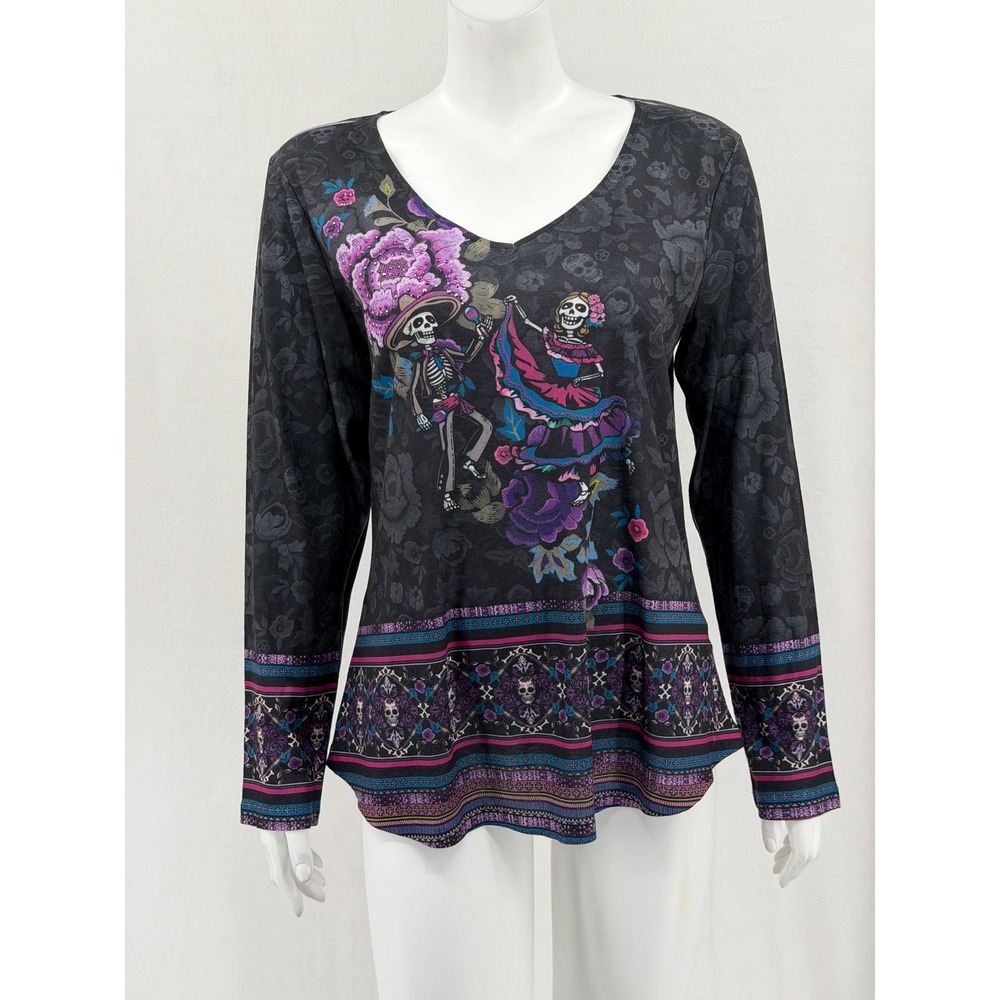 One World Top Womens Large Black Skeleton Dancing Dead‎ Floral Halloween Grunge
